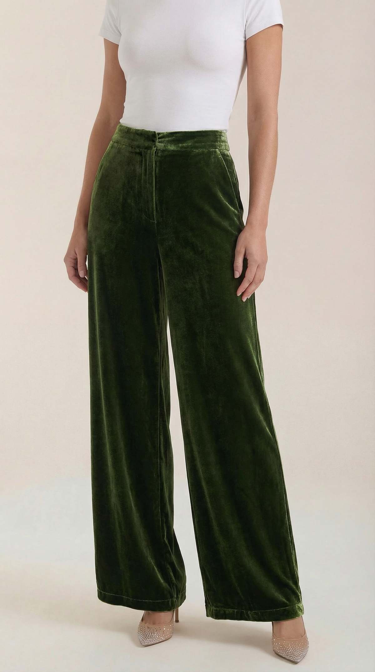 Stoffhose aus Samt mit hohem Bund und weitem Bein für Damen