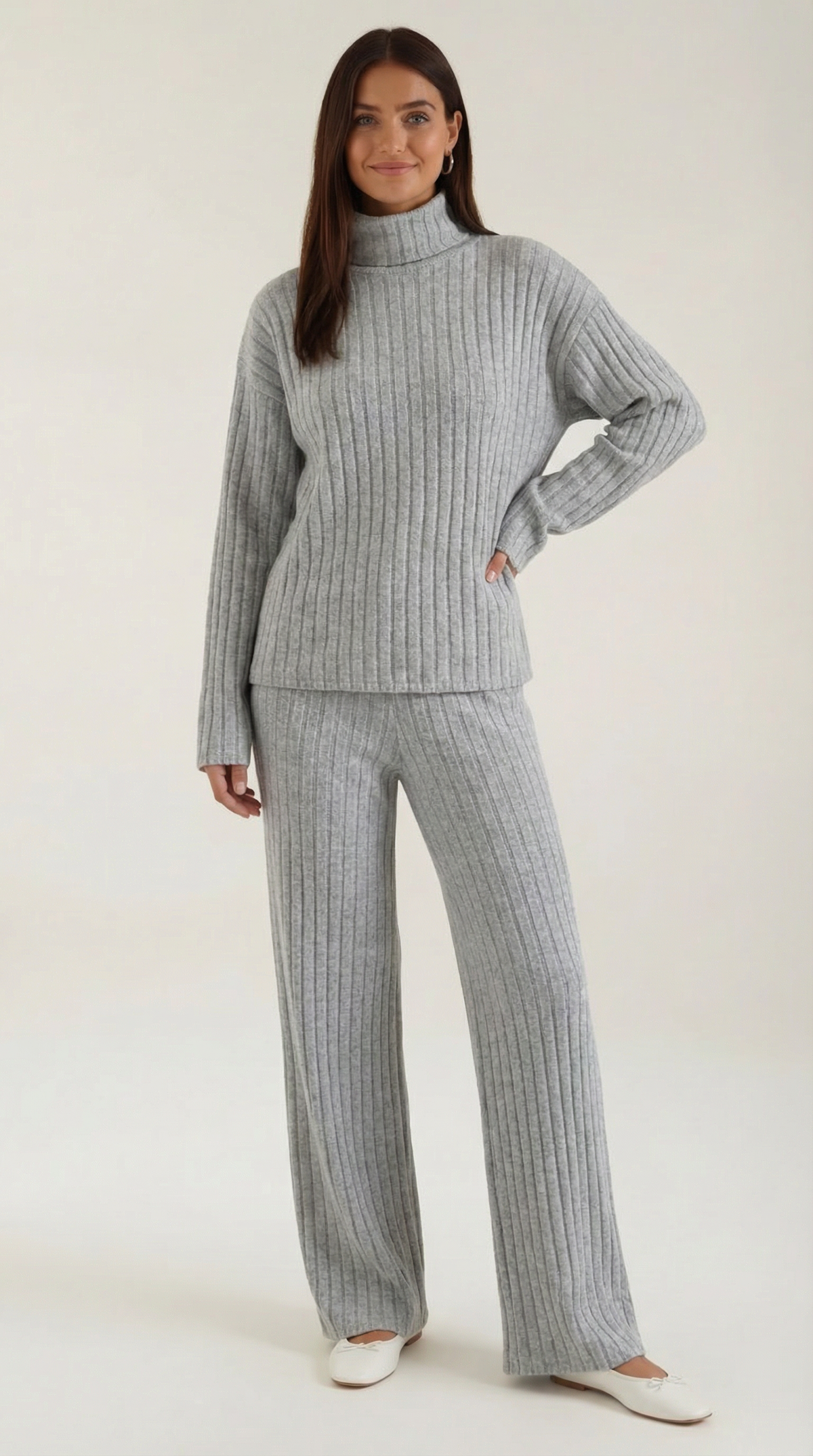 Zweiteiler mit Rippstrick-Top und gerader Hose für Damen - Grau