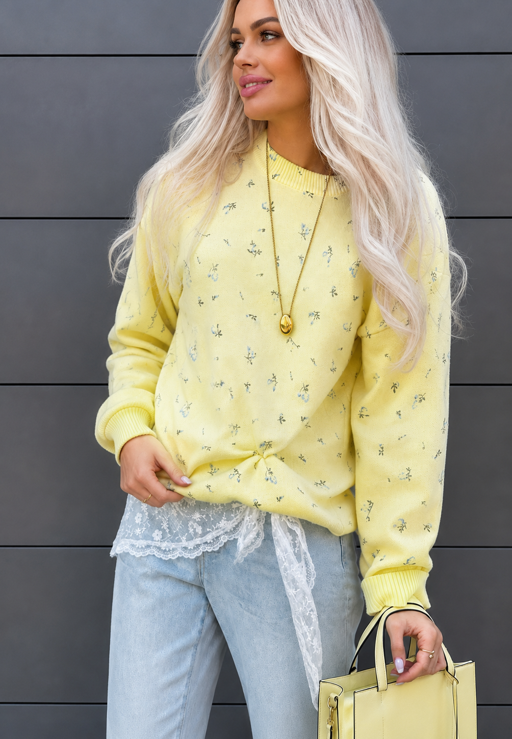 Norweger Pullover Damen aus Strick, Oversize mit Blumenmuster
