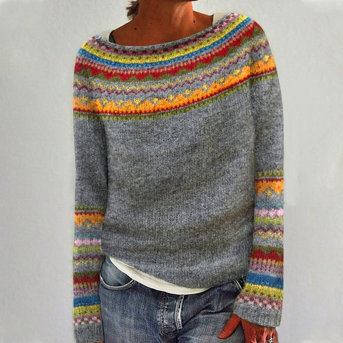 Norweger Pullover Damen hüftlang mit Rundhalsausschnitt und buntem Muster