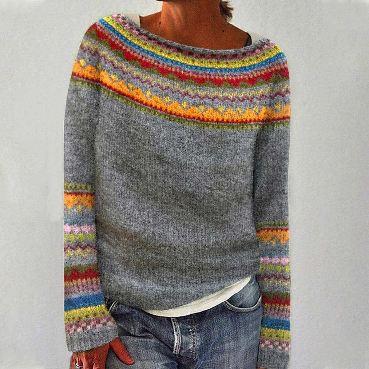 Norweger Pullover Damen hüftlang mit Rundhalsausschnitt und buntem Muster