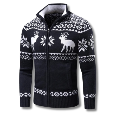 Norweger Pullover Herren in Jacquard mit Reissverschluss und Stehkragen