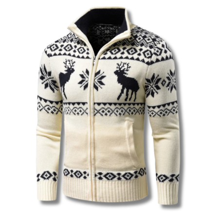 Norweger Pullover Herren in Jacquard mit Reissverschluss und Stehkragen