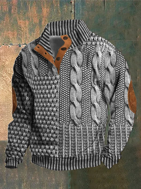 Norweger Pullover Herren mit 3D-Druck, Stehkragen und Knopfleiste