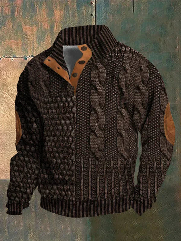 Norweger Pullover Herren mit 3D-Druck, Stehkragen und Knopfleiste