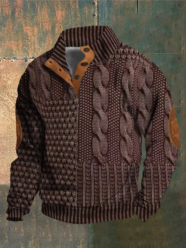 Norweger Pullover Herren mit 3D-Druck, Stehkragen und Knopfleiste