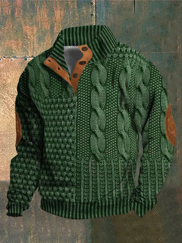 Norweger Pullover Herren mit 3D-Druck, Stehkragen und Knopfleiste