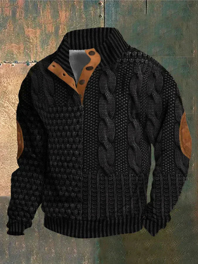 Norweger Pullover Herren mit 3D-Druck, Stehkragen und Knopfleiste