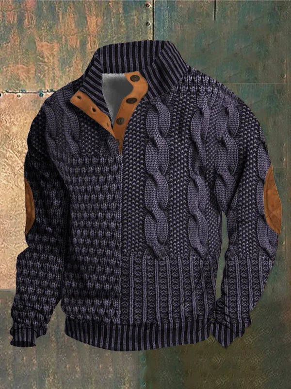 Norweger Pullover Herren mit 3D-Druck, Stehkragen und Knopfleiste