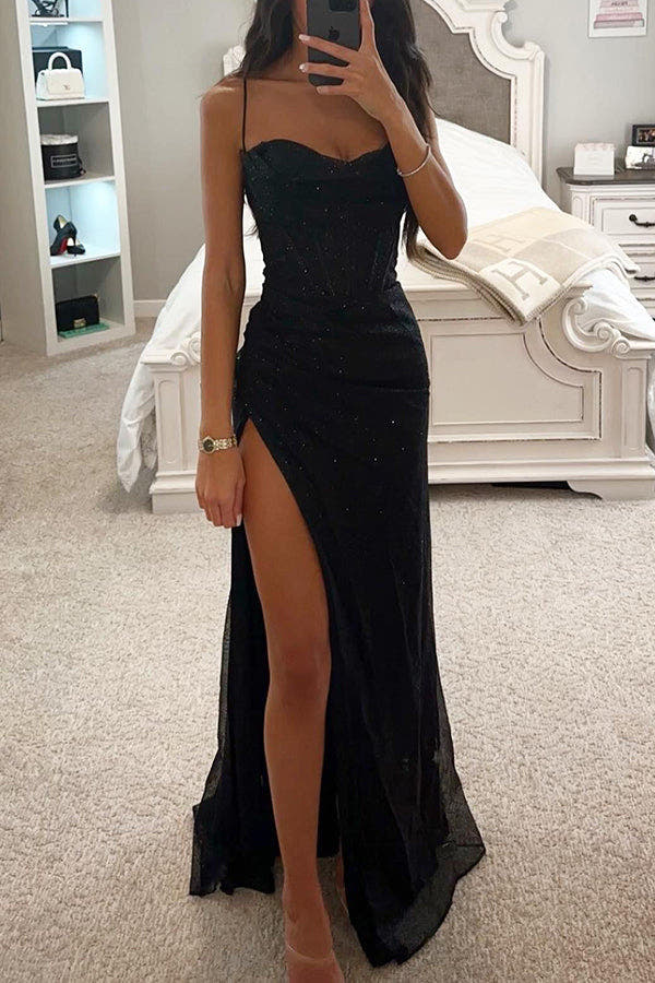 Paillettenkleid Damen bodenlang mit Korsett-Oberteil und Schlitz