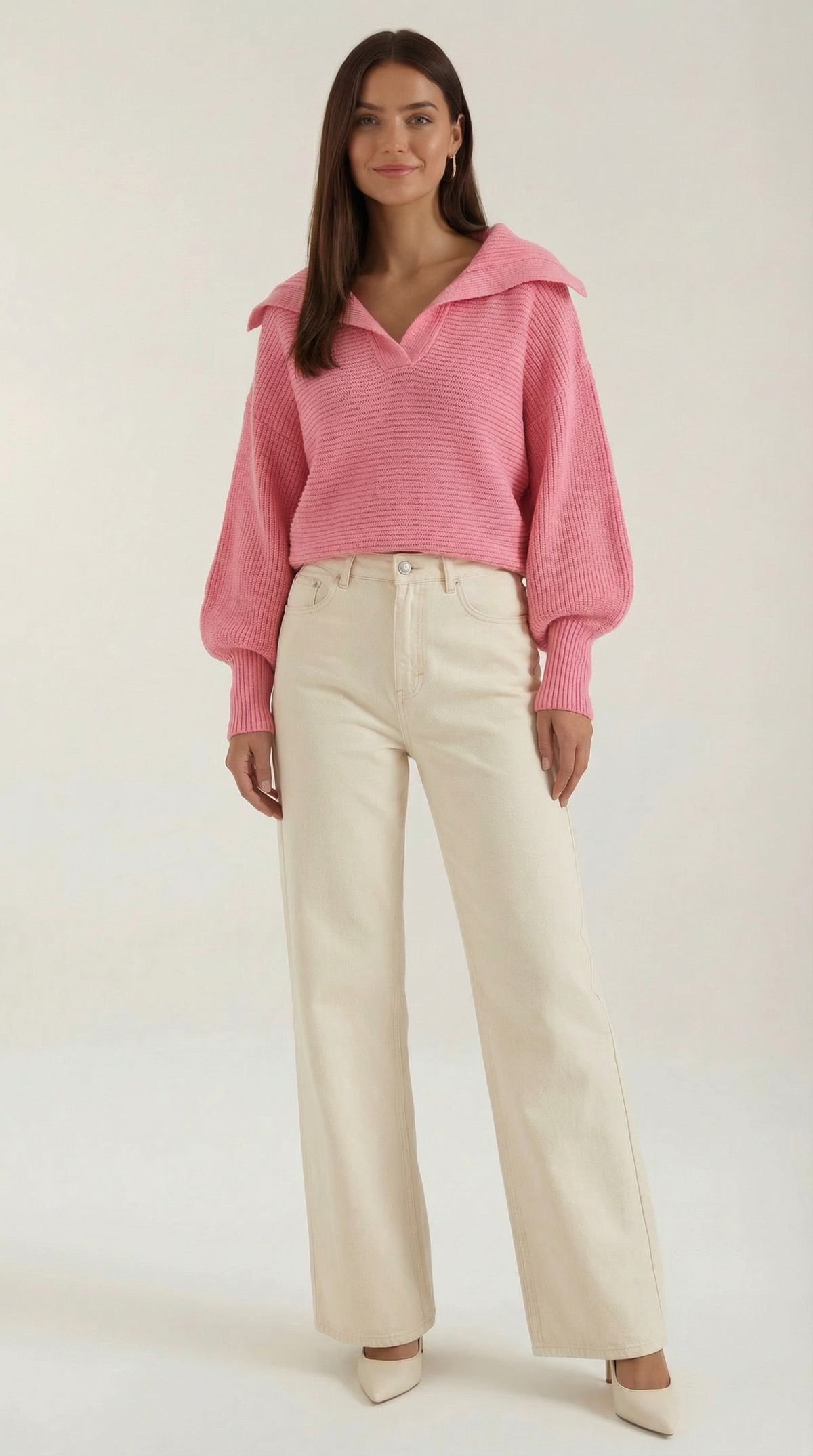 Pullover aus Grobstrick mit offenem Kragen und Ballonärmeln für Damen - Rosa