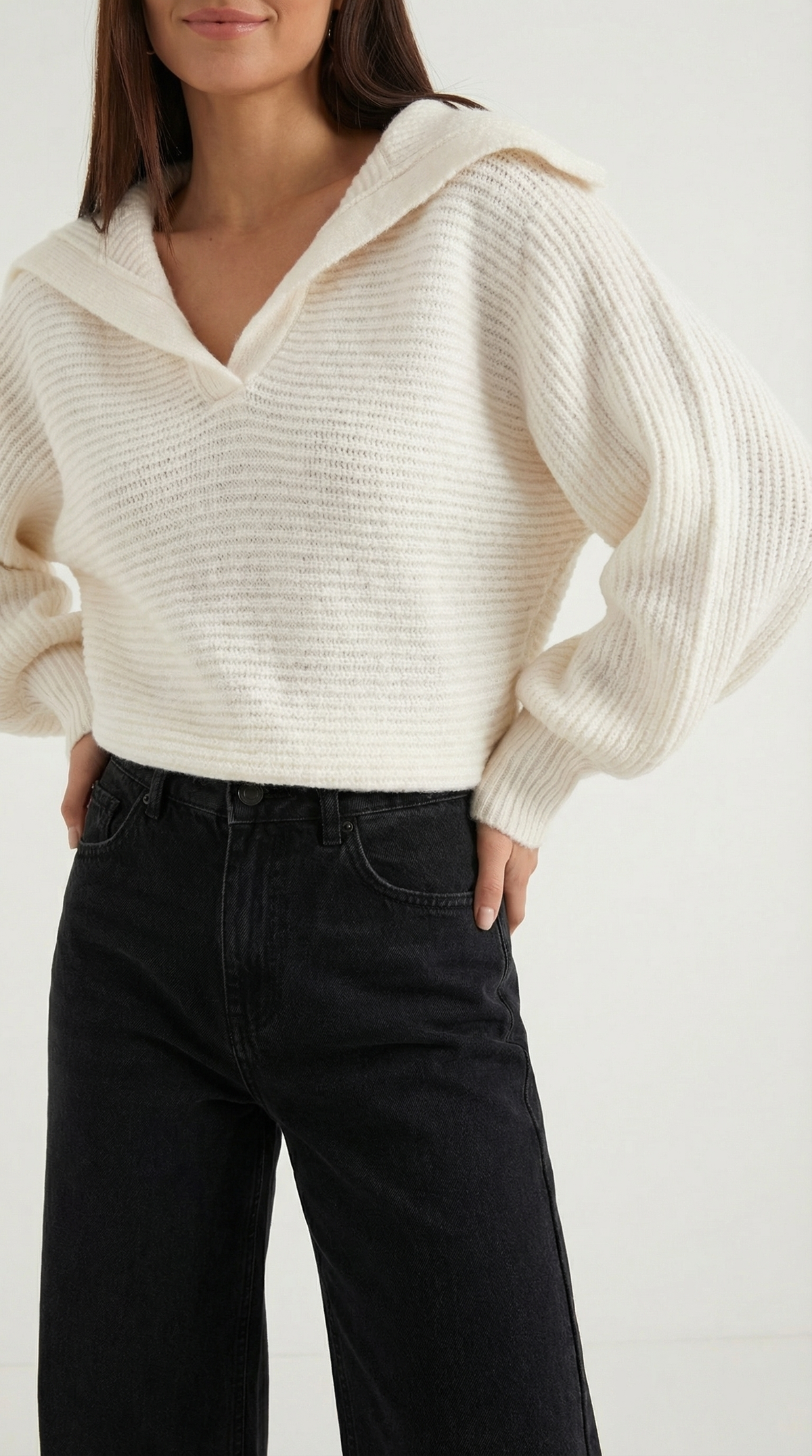 Pullover aus Grobstrick mit offenem Kragen und Ballonärmeln für Damen