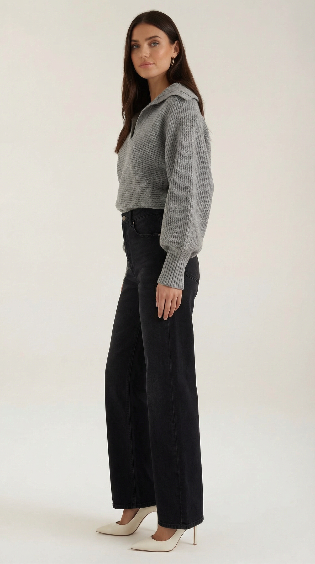 Pullover aus Grobstrick mit offenem Kragen und Ballonärmeln für Damen