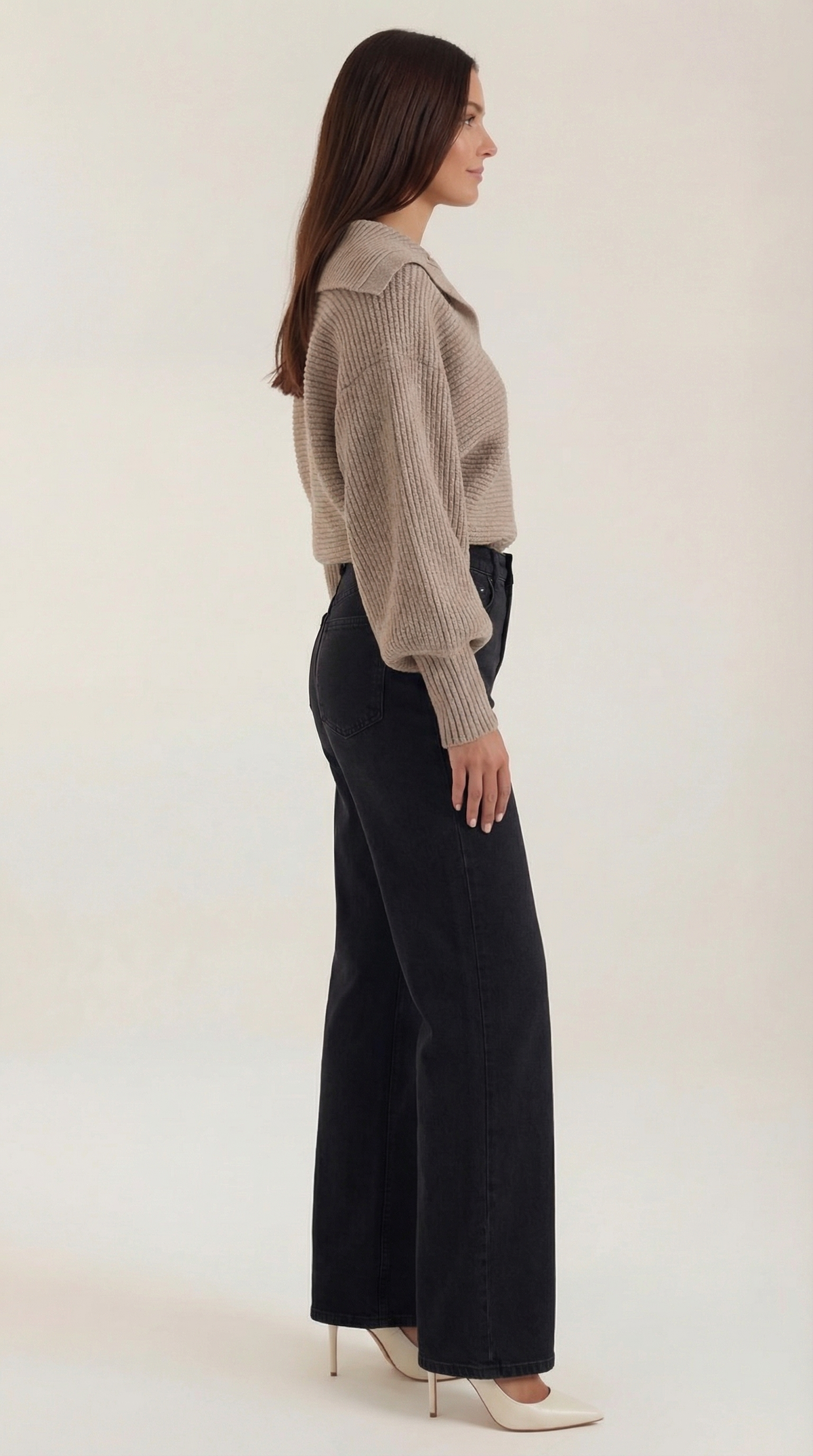 Pullover aus Grobstrick mit offenem Kragen und Ballonärmeln für Damen