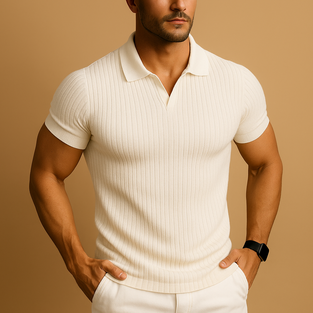 Polo Herren in Rippstrick, Slim Fit mit V-Ausschnitt und Kurzarm