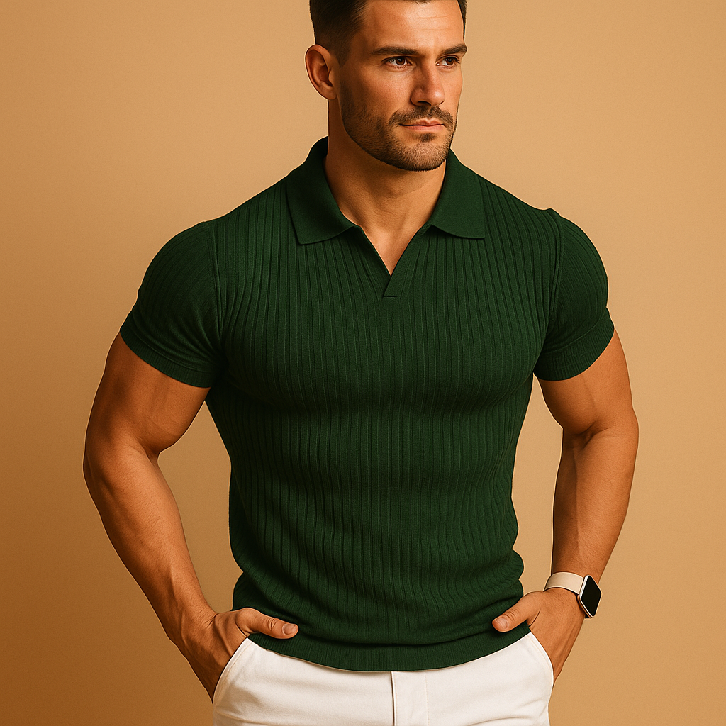 Polo Herren in Rippstrick, Slim Fit mit V-Ausschnitt und Kurzarm