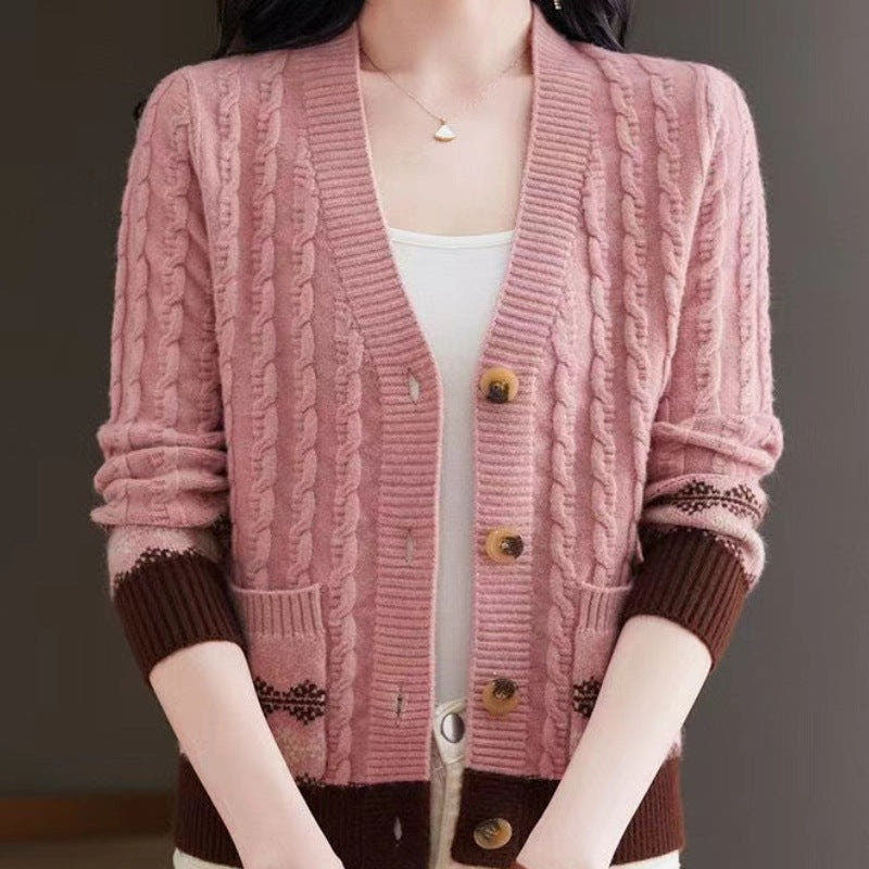 Strickjacke mit Zopfmuster, Fair-Isle-Bordüre und V-Ausschnitt