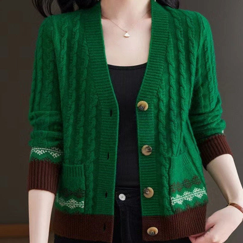 Strickjacke mit Zopfmuster, Fair-Isle-Bordüre und V-Ausschnitt