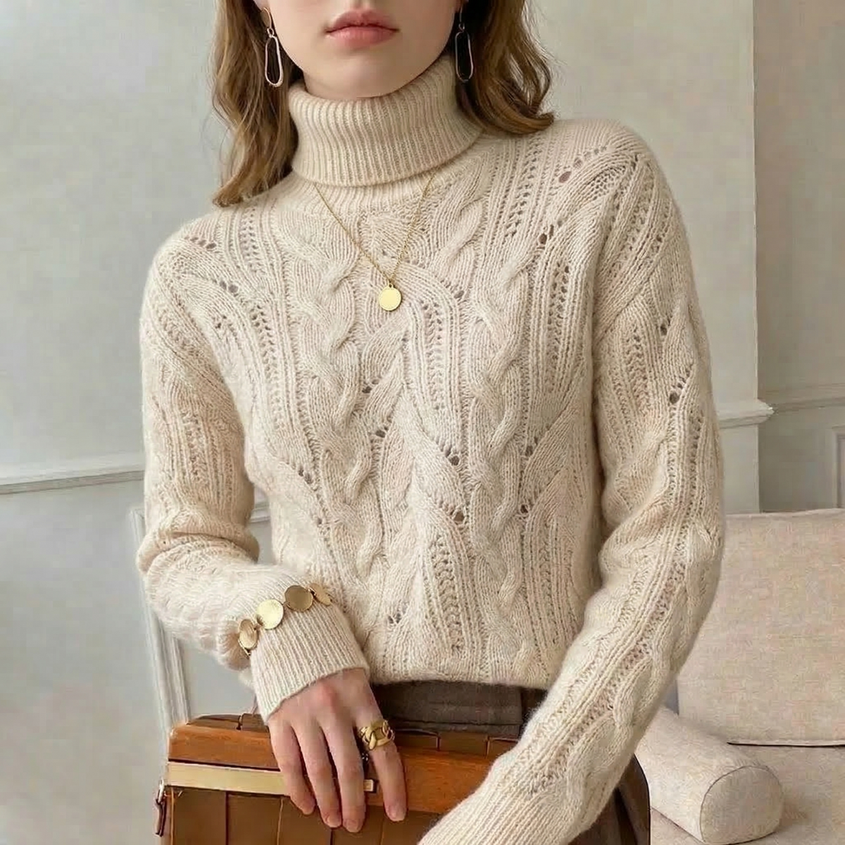 Strickpullover mit Zopfmuster und Lochmuster-Einsätzen