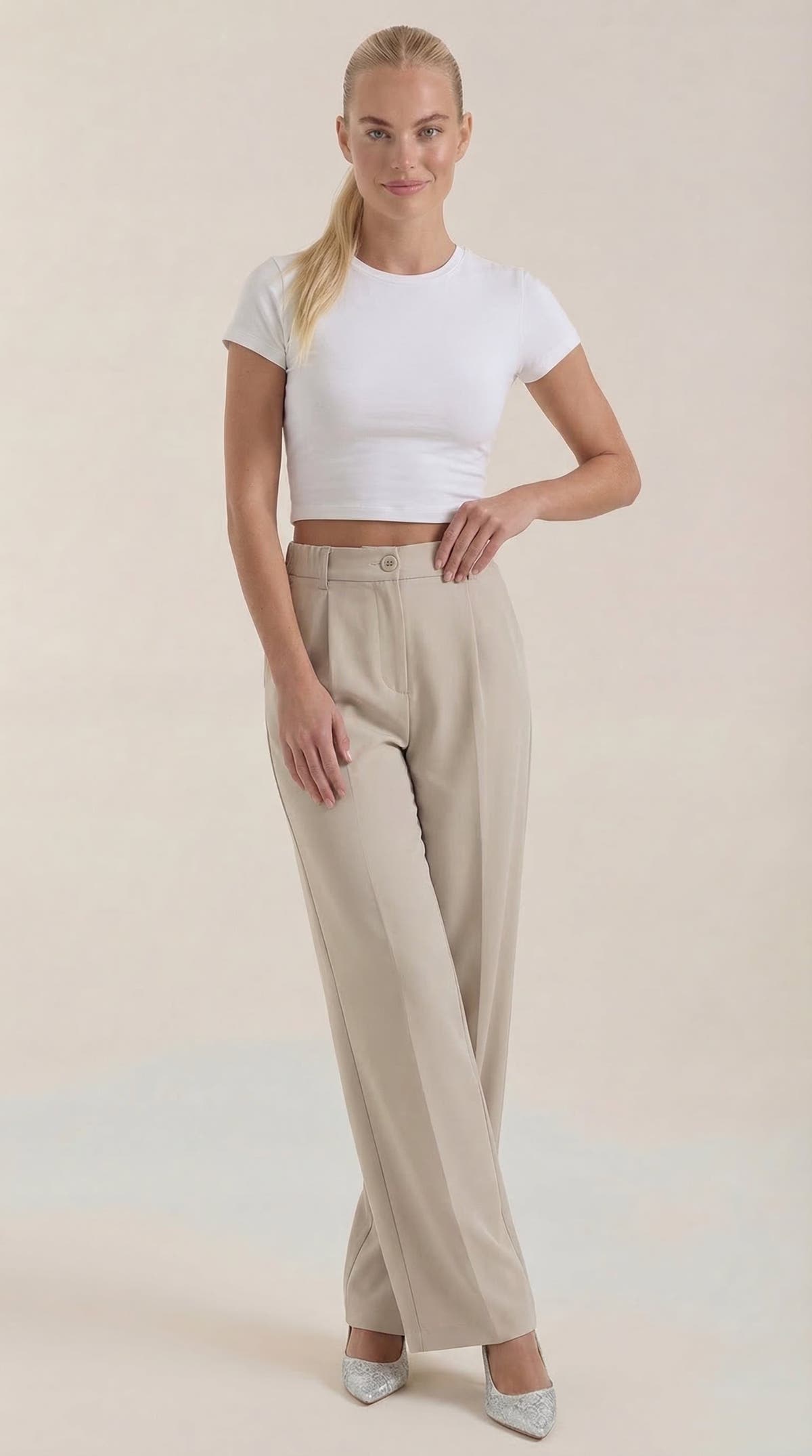 Stoffhose mit hohem Bund, Bundfalten und weitem Bein für Damen