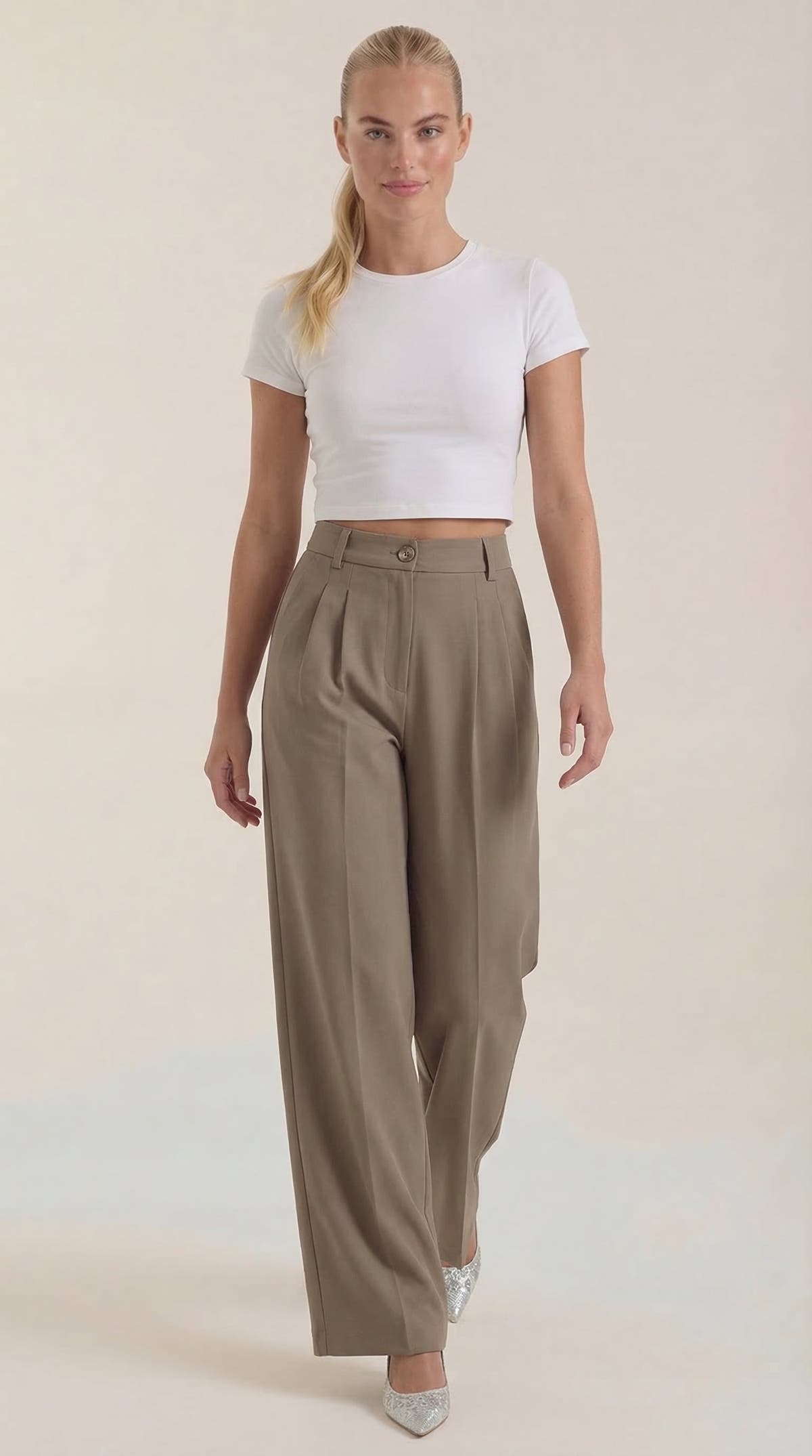 Stoffhose mit hohem Bund, Bundfalten und weitem Bein für Damen