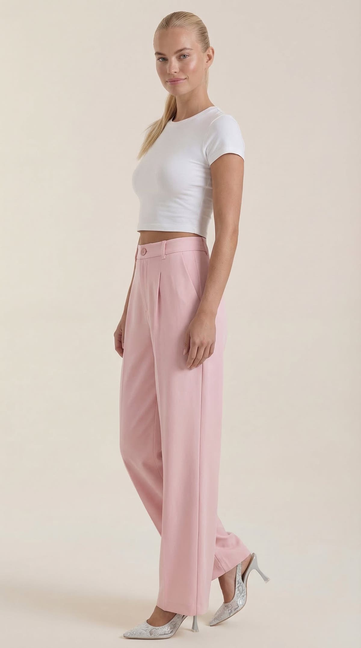 Stoffhose mit hohem Bund, Bundfalten und weitem Bein für Damen