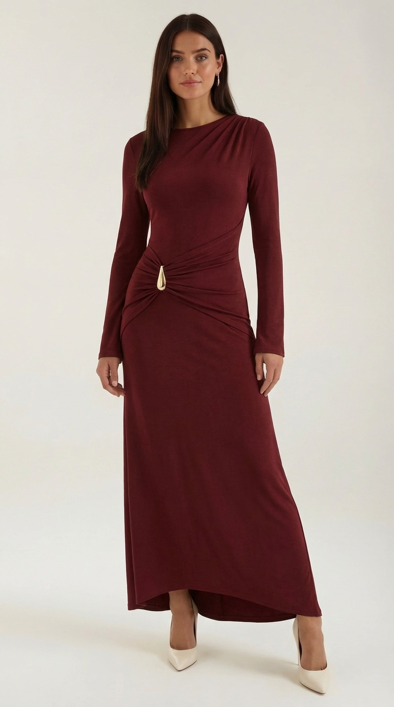 Langes Kleid mit gerafftem Bund und langen Ärmeln für Damen - Burgunderrot