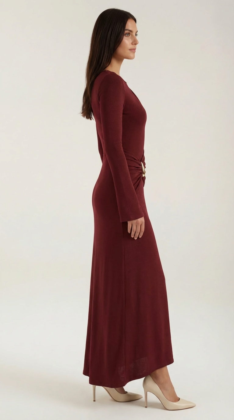 Langes Kleid mit gerafftem Bund und langen Ärmeln für Damen