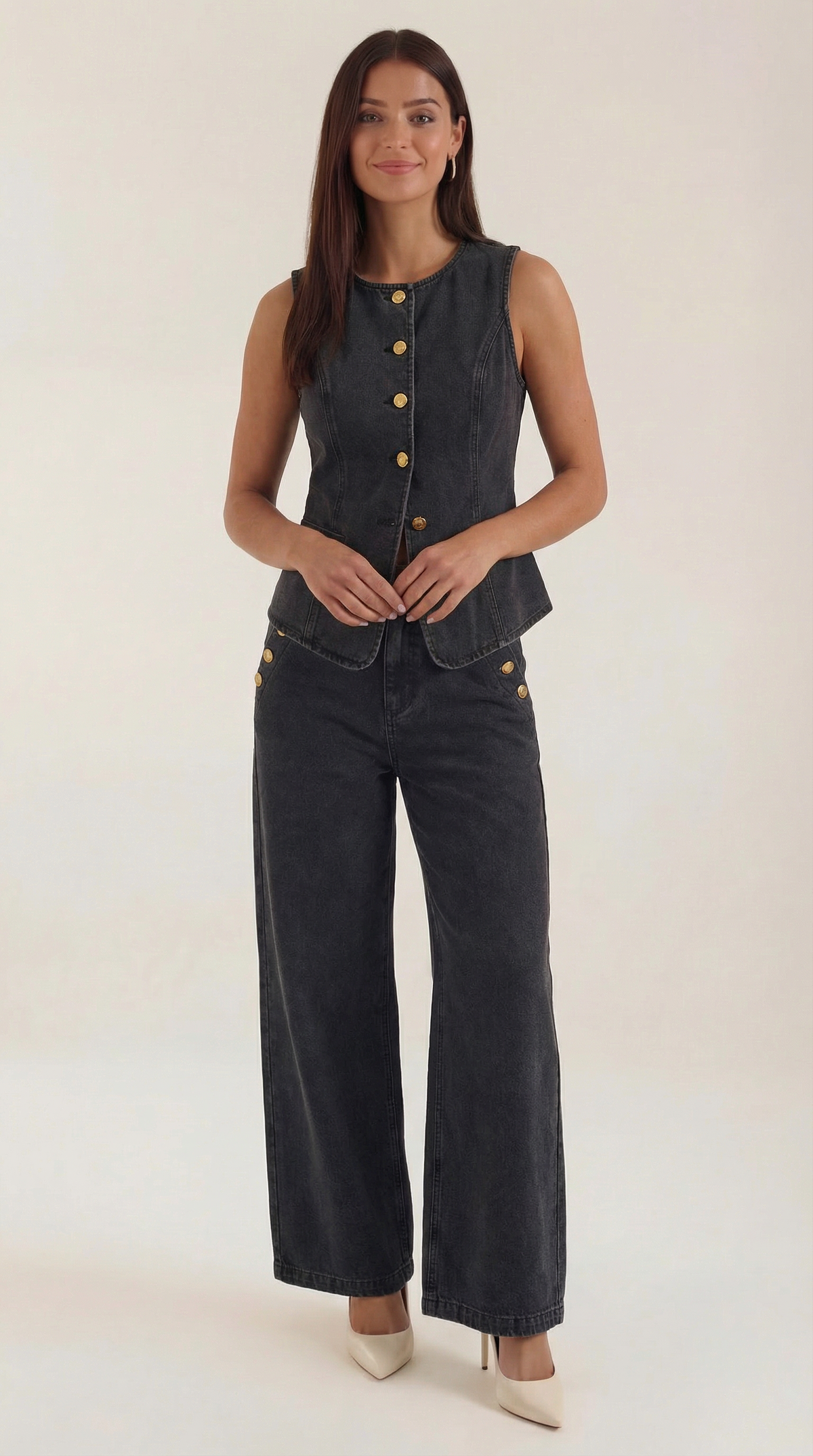 Zweiteiler aus Denim mit Weste und weiter Hose für Damen - Schwarz