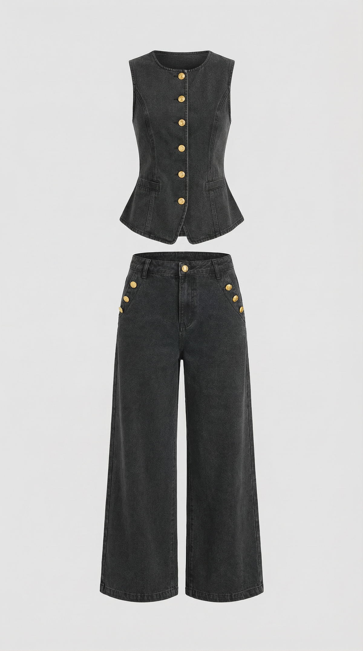 Zweiteiler aus Denim mit Weste und weiter Hose für Damen