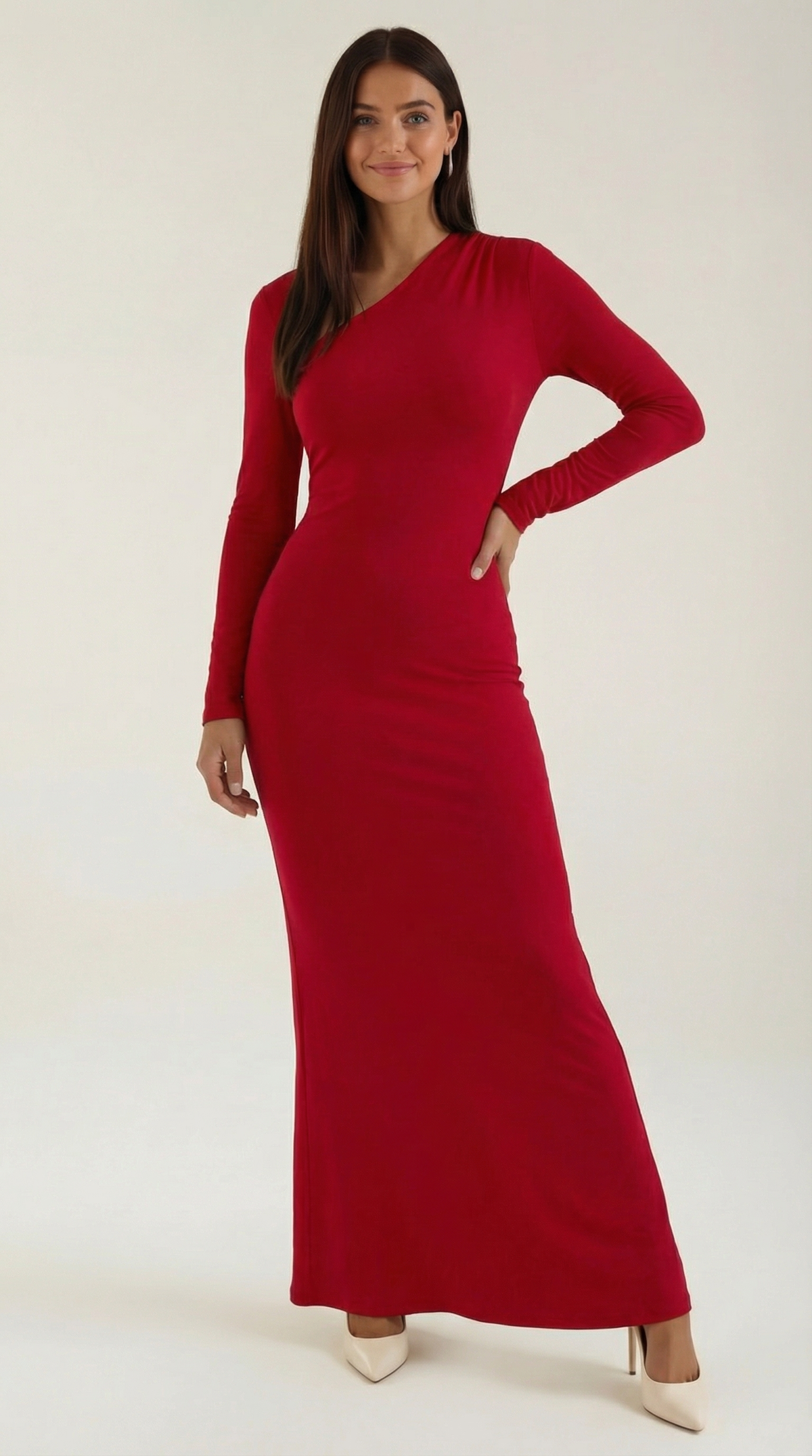 Langes Kleid mit asymmetrischem Ausschnitt und langen Ärmeln für Damen - Rot