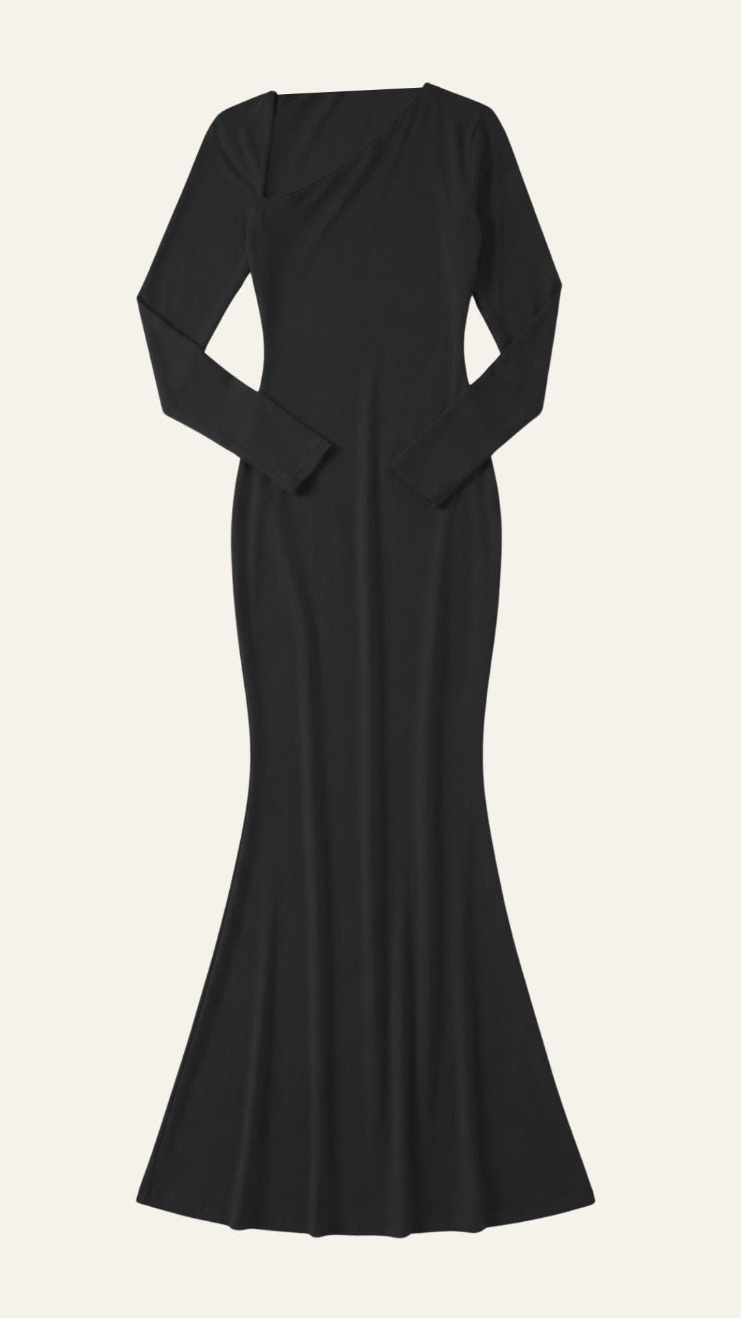 Langes Kleid mit asymmetrischem Ausschnitt und langen Ärmeln für Damen