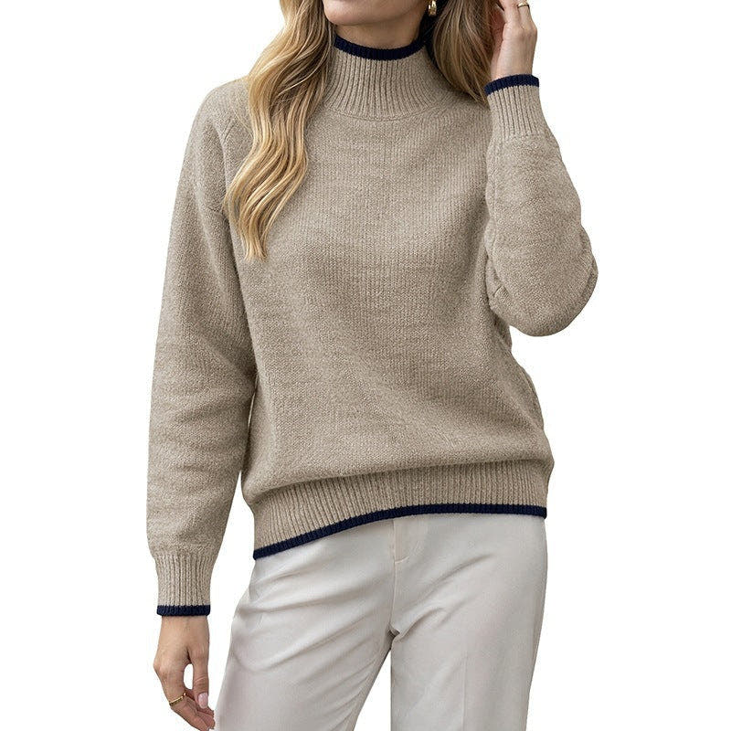 Rollkragenpullover Damen aus Feinstrick, locker mit Kontrastkanten