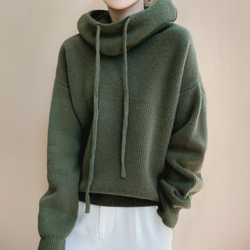 Rollkragenpullover Damen aus Merinowolle, Oversize mit Kapuze