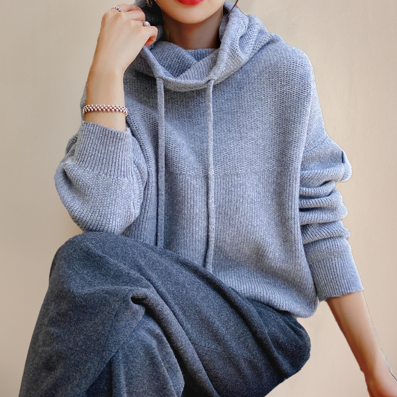 Rollkragenpullover Damen aus Merinowolle, Oversize mit Kapuze