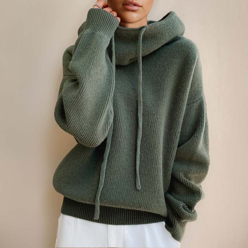 Rollkragenpullover Damen aus Merinowolle, Oversize mit Kapuze