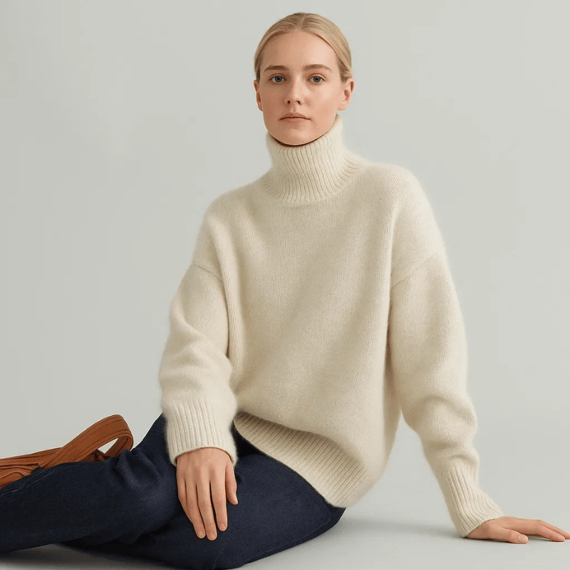 Rollkragenpullover Damen aus weichem Strick, Oversize und hüftlang