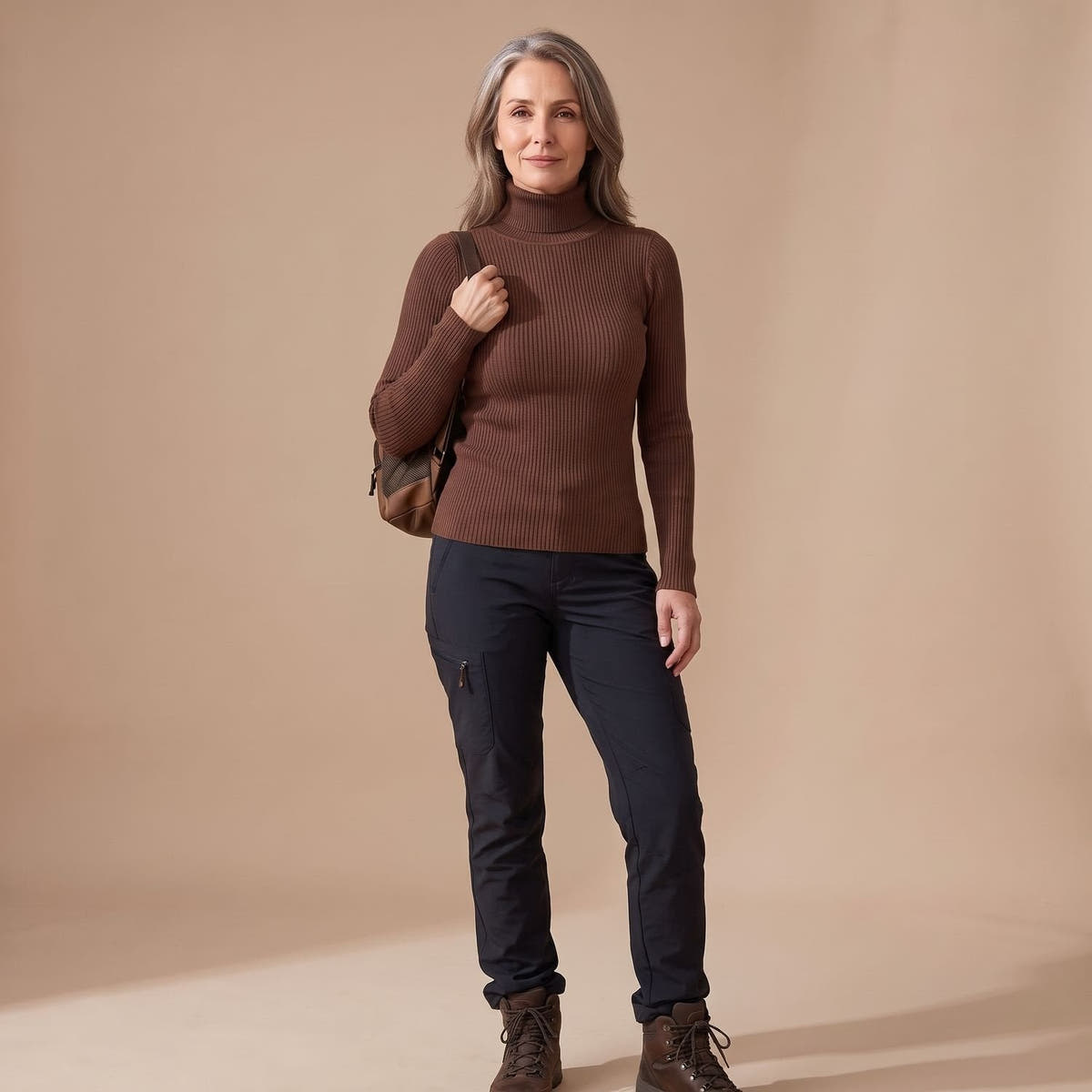 Rollkragenpullover Damen in feinem Rippstrick, figurbetont mit Langarm