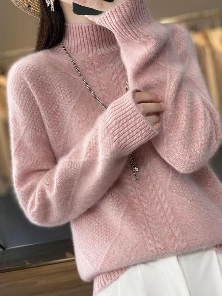 Rollkragenpullover Damen locker, hüftlang mit Zopfmuster