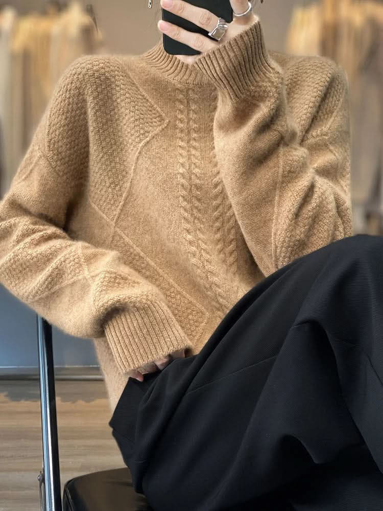 Rollkragenpullover Damen locker, hüftlang mit Zopfmuster