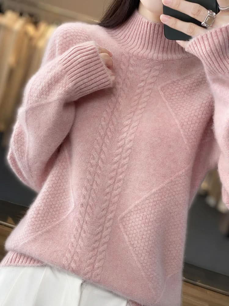 Rollkragenpullover Damen locker, hüftlang mit Zopfmuster