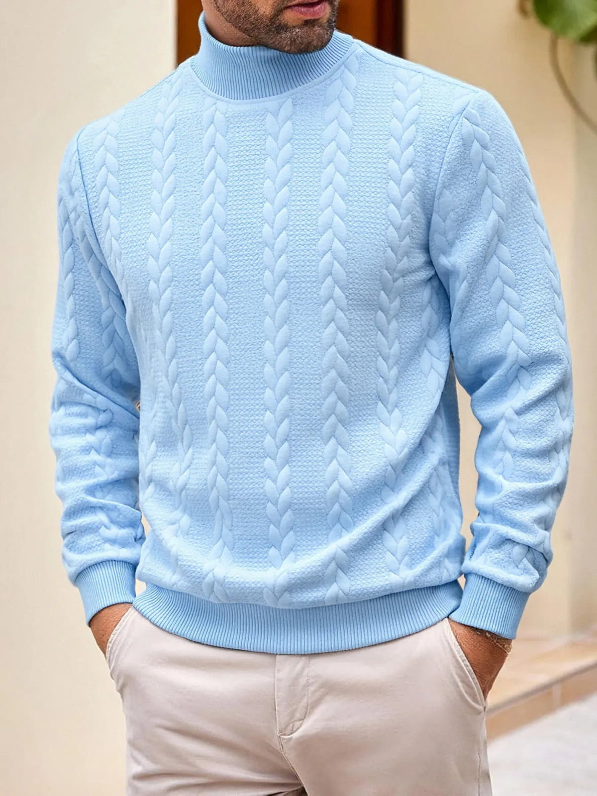 Rollkragenpullover Herren mit Zopfmuster, gerader Schnitt
