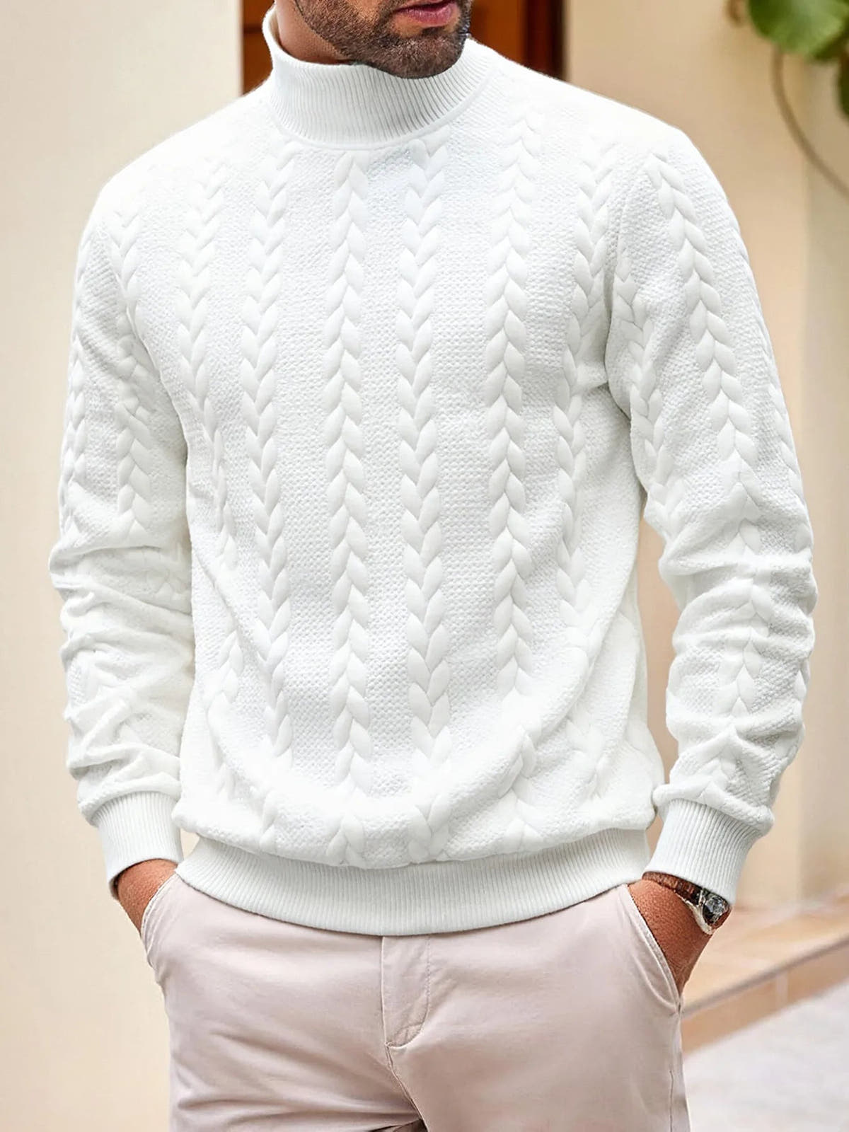 Rollkragenpullover Herren mit Zopfmuster, gerader Schnitt