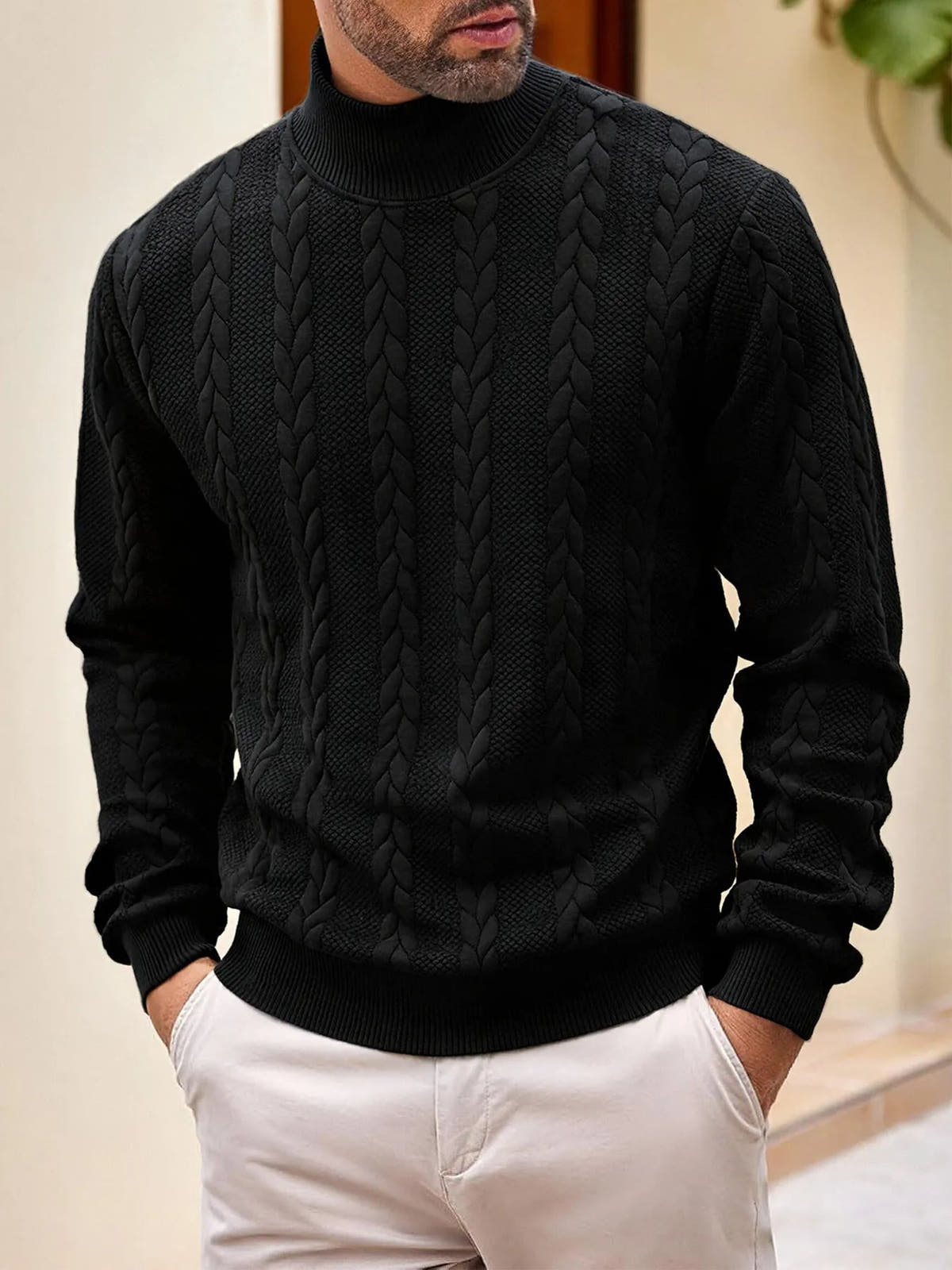 Rollkragenpullover Herren mit Zopfmuster, gerader Schnitt