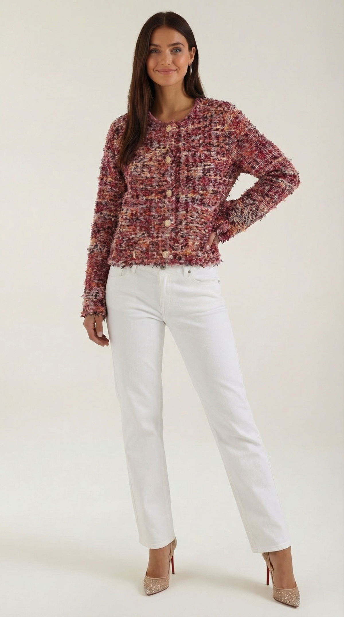 Kurze Strickjacke in Bouclé-Optik mit goldfarbenen Knöpfen für Damen - Burgunderrot