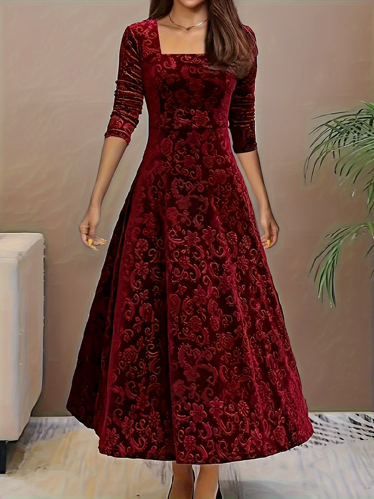 Samtkleid Damen tailliert und festlich mit Blumenmuster