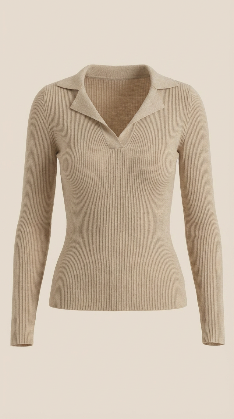 Pullover mit V-Ausschnitt, Kragen und Rippstruktur für Damen