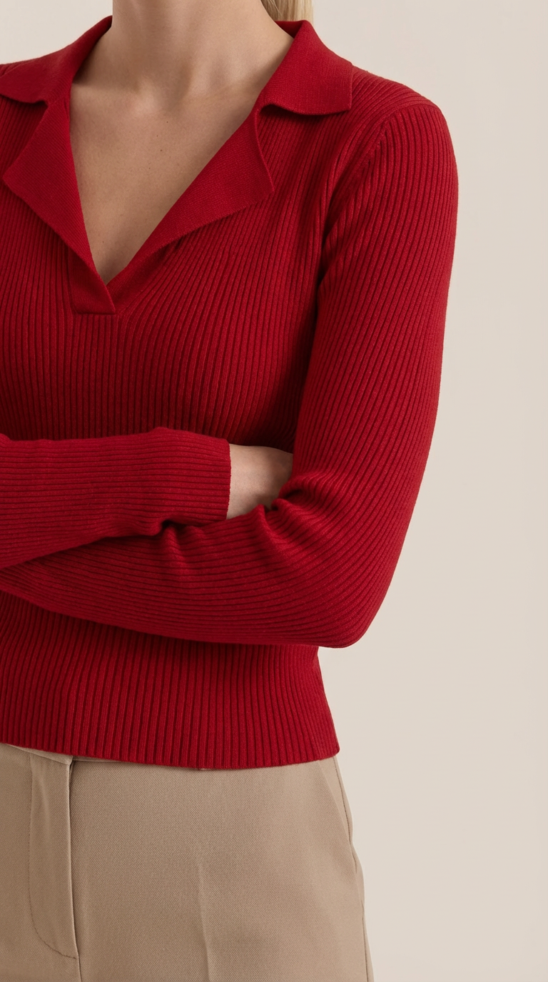 Pullover mit V-Ausschnitt, Kragen und Rippstruktur für Damen