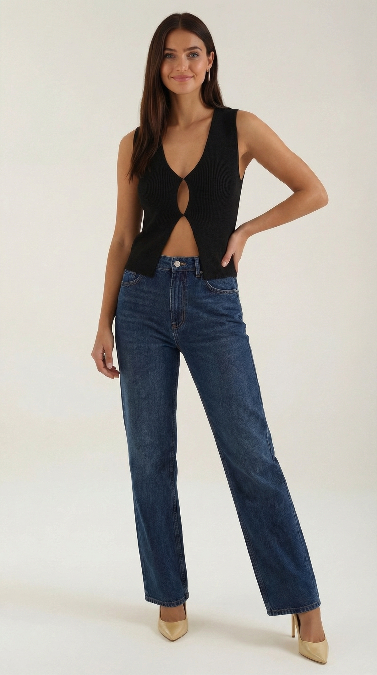 Oberteil aus Strick mit V-Ausschnitt und Cut-out für Damen - Schwarz