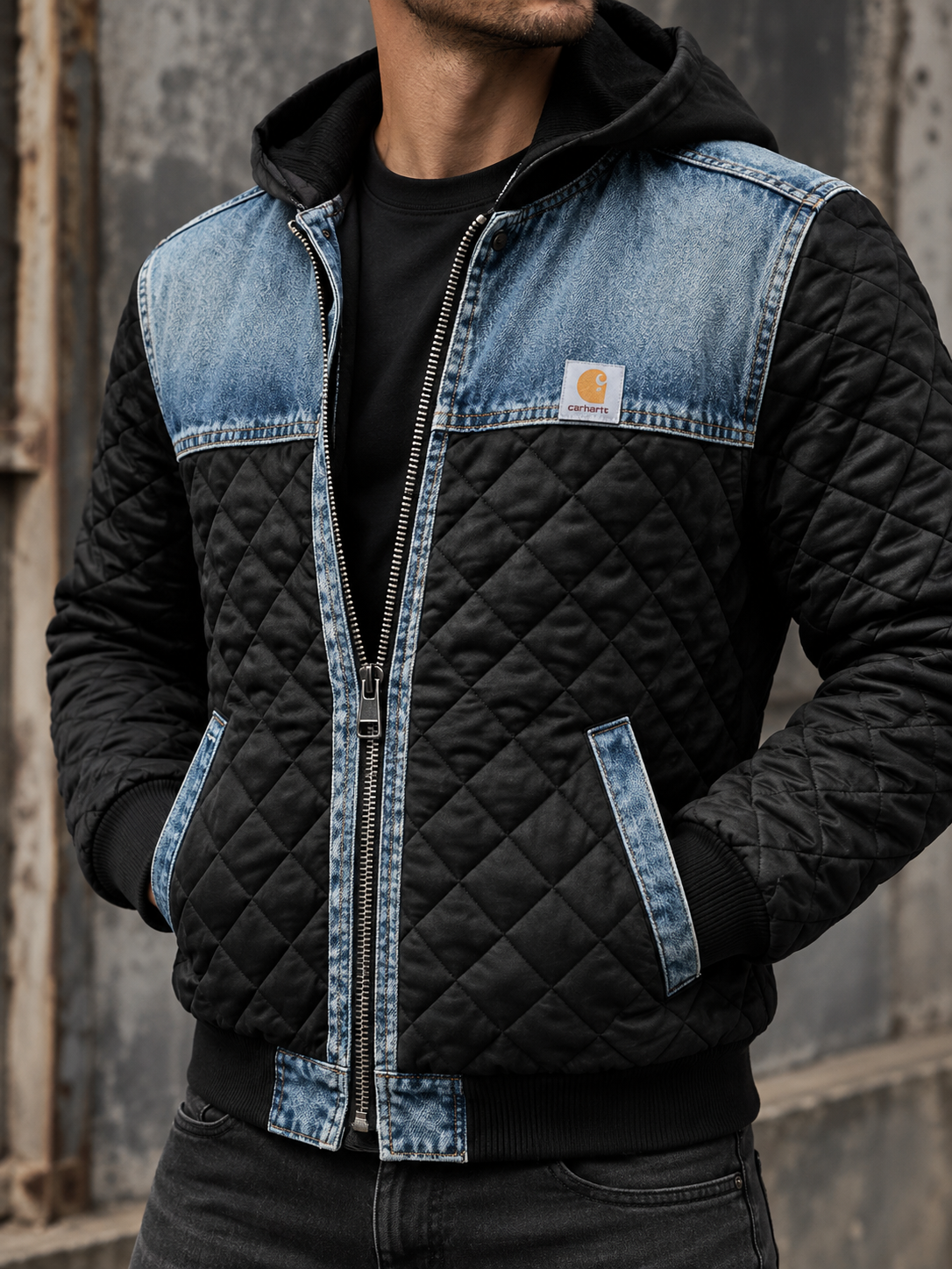Steppjacke Herren mit Denim-Einsätzen, hüftkurz und Kapuze